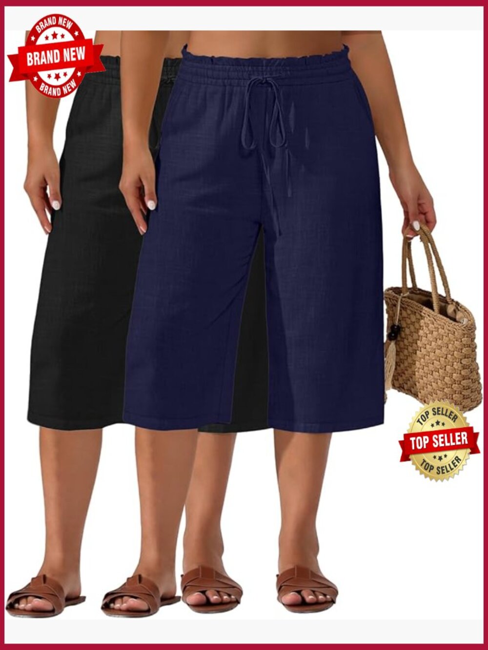 2 Pack Plus Size Linen Capris Wide Leg High Waisted Drawstring Cropped Pants